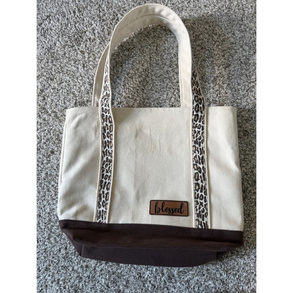 Blessed Canvas Tote Bag Leopard Print Trim Cream Brown Religious Everyday Carry